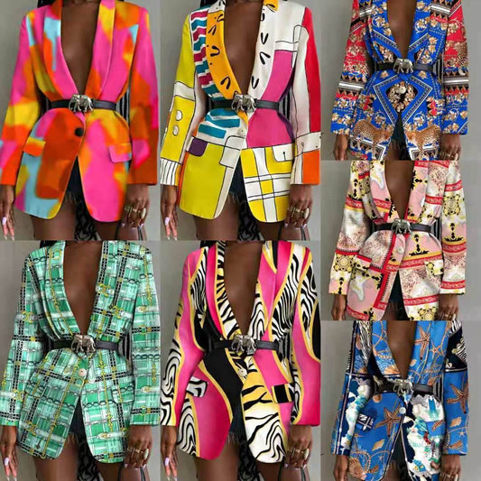 Fashion Printed Shawl Collar Single-breasted Belt Vintage Blazer Women - Velora