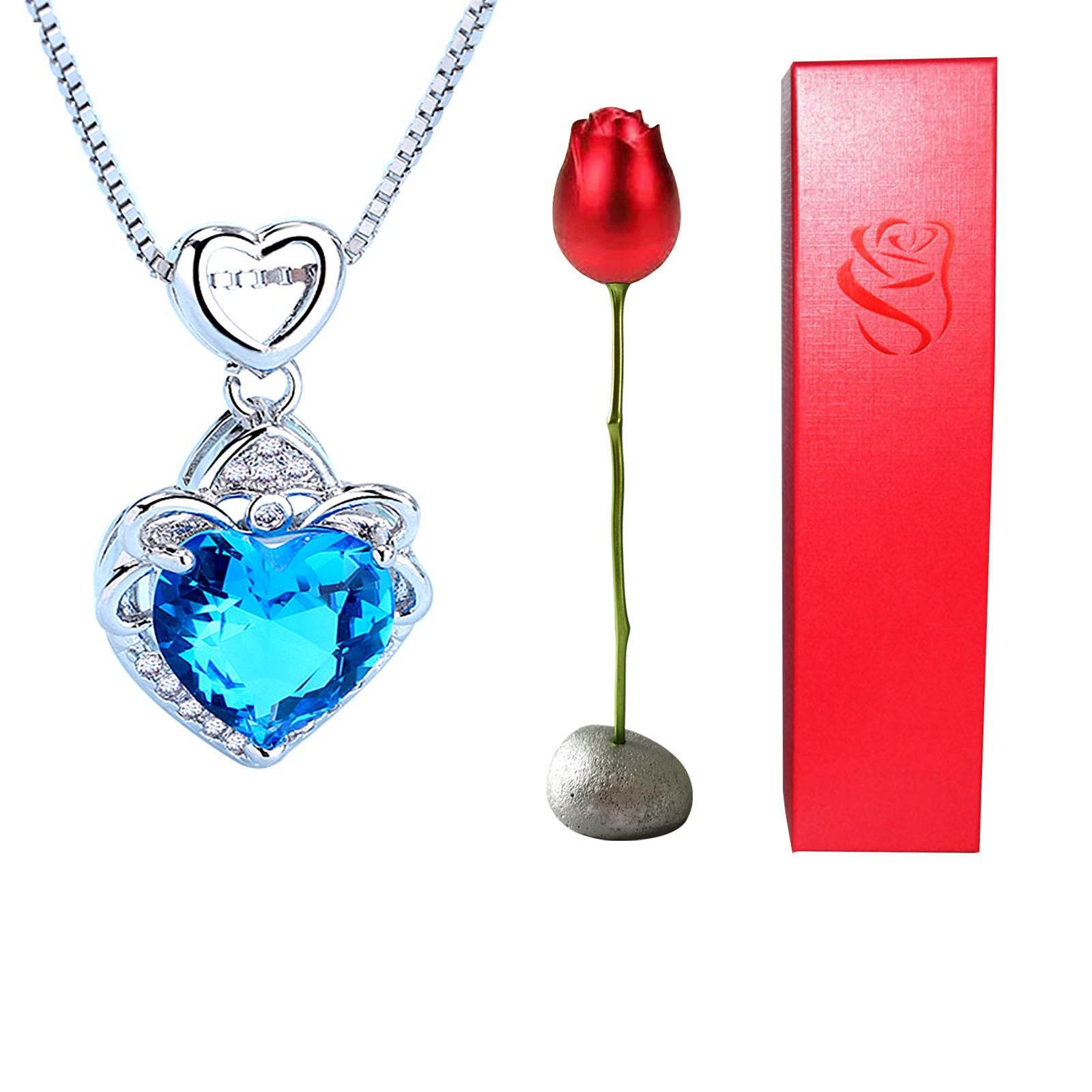 Valentines Day Gift Heart Shaped Blue Purple Crystal Diamond Pendant Rose Head Necklace - Velora