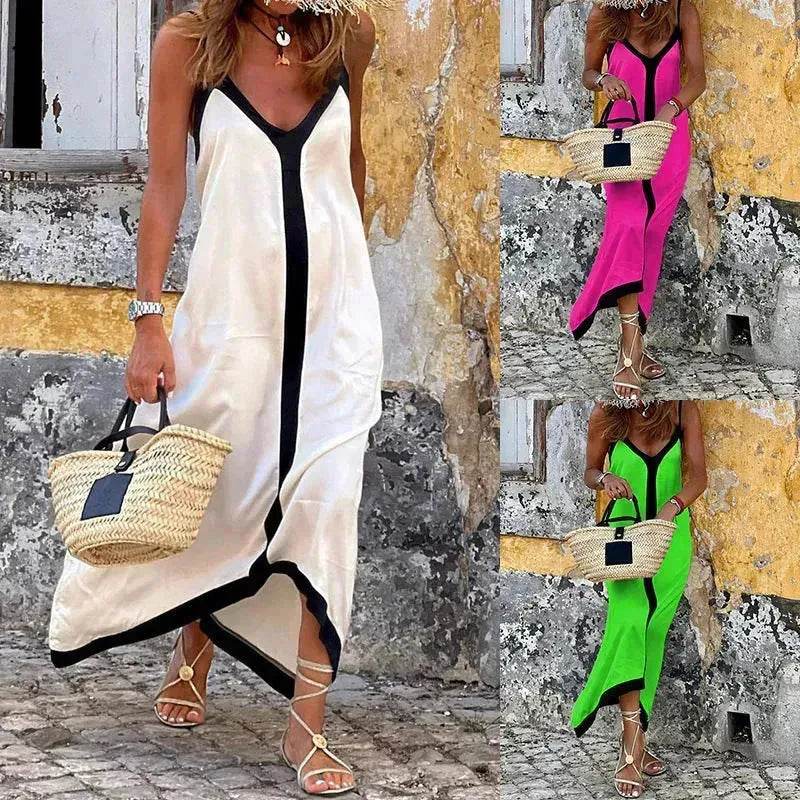 Women's Fashionable Casual Solid Color Spaghetti Straps Sleeveless V-neck Midi Dress - Velora