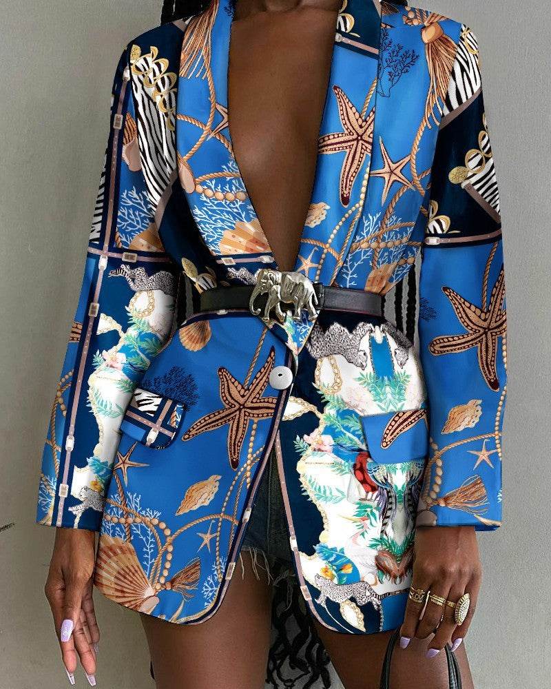 Fashion Printed Shawl Collar Single-breasted Belt Vintage Blazer Women - Velora