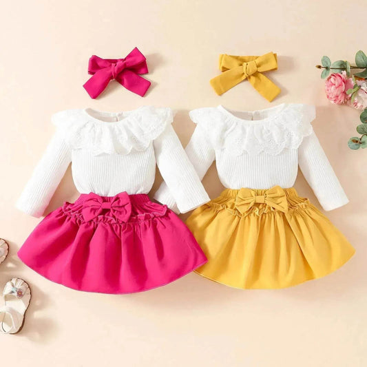 Two piece Baby Girl Lace Ruffles Long-sleeve romper Bow Skirt Hair Bowtie Band baby girl outwear - Velora