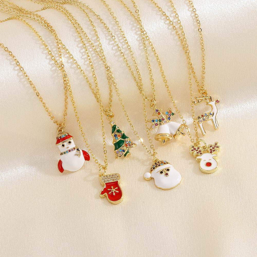 Christmas Tree Santa Claus Elk Snowman Oil-drop Necklace With Colored Rhinestones Ins Festival Clavicle Chain Necklace For Women Jewelry - Velora