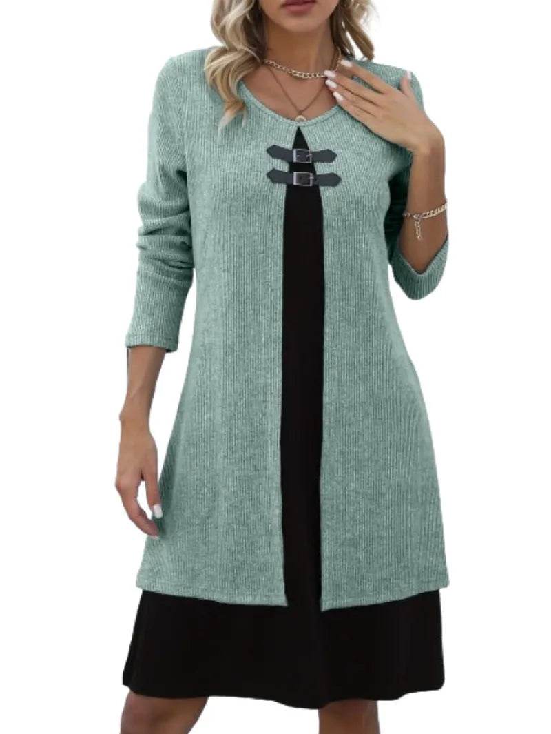 Contrast Color Buckled Round Neck Fashion Winter Sweater Dress - Velora