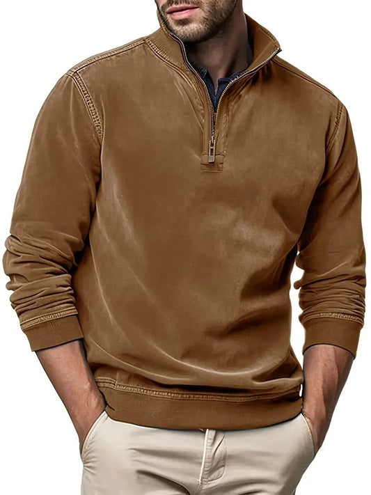 Men Faux Leather Sweatshirts Solid Color Stand Collar Zipper Long Sleeve Tops Fall Winter Casual Pullovers - Velora