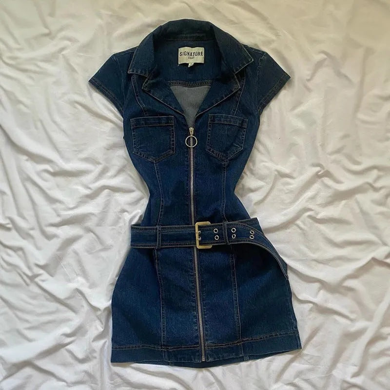 Women's Short Sleeve Bodycon Denim Mini Dress – Zip Front