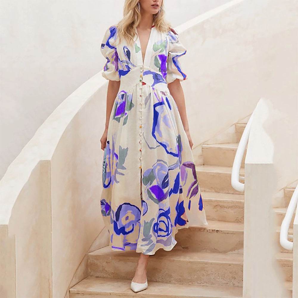 Summer Print Dresses V-neck Button Short Sleeve Midi Dress - Velora