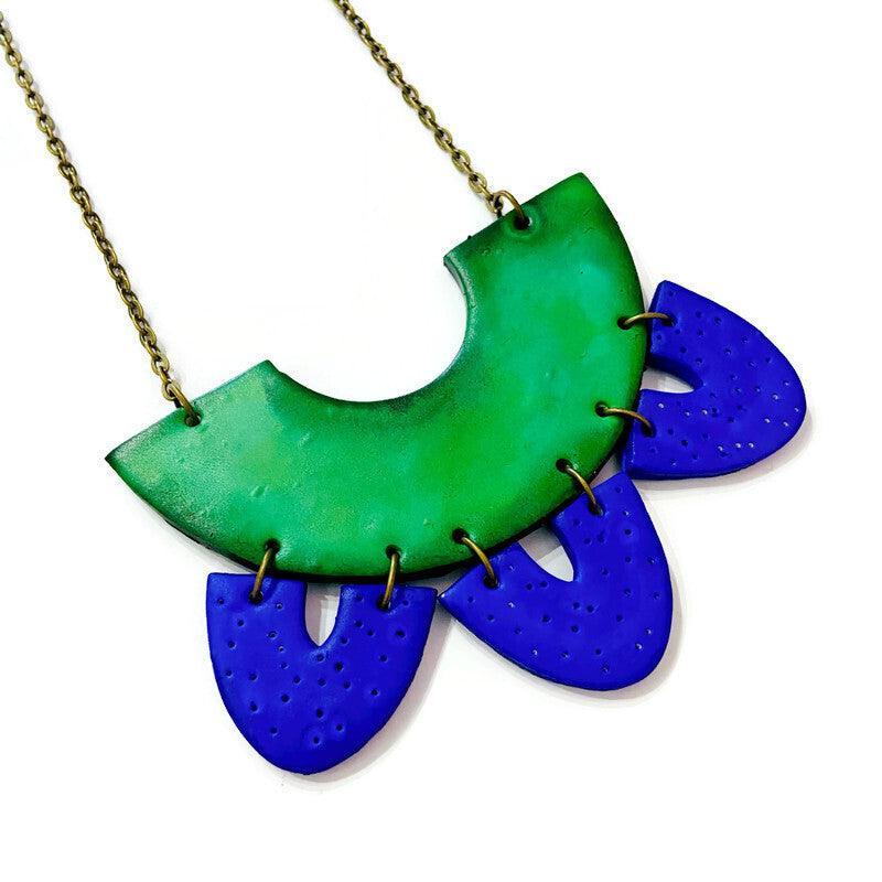Artsy Statement Bib Necklace & Earring Set Handmade from Clay Painted Blue Green