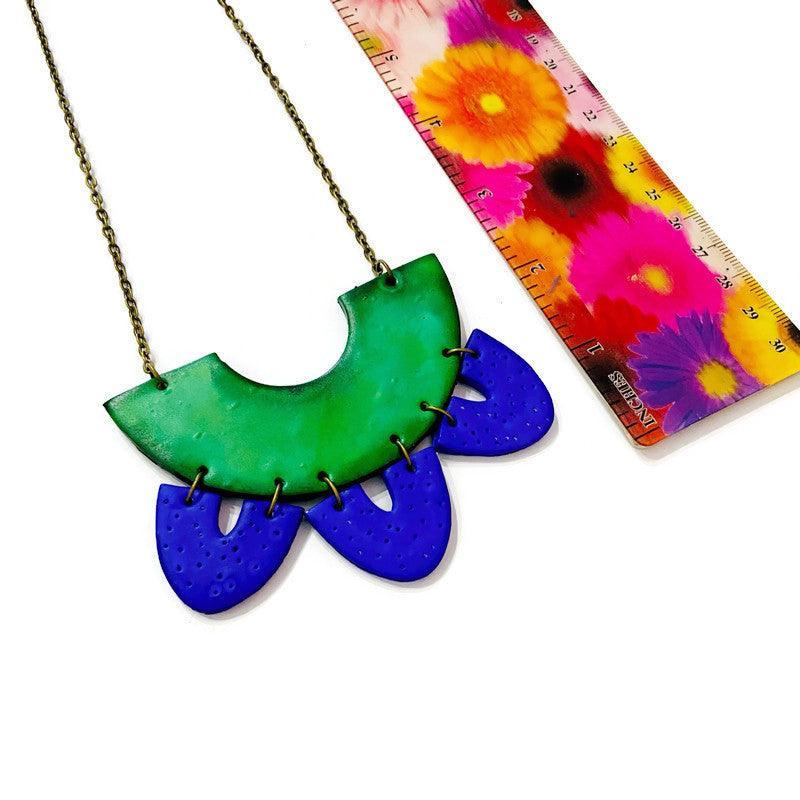 Artsy Statement Bib Necklace & Earring Set Handmade from Clay Painted Blue Green