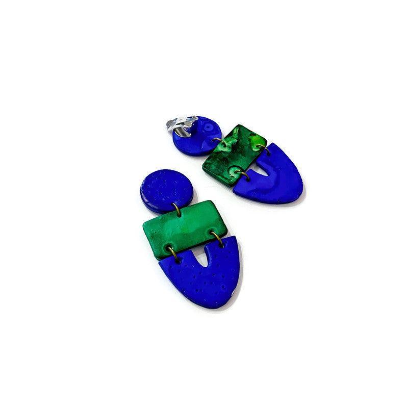 Artsy Statement Bib Necklace & Earring Set Handmade from Clay Painted Blue Green