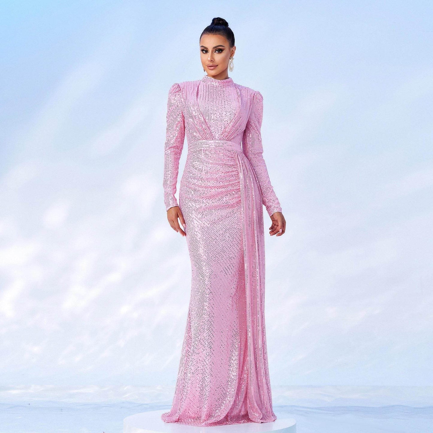 Long Sleeve Round Neck Slim Long Sequined Banquet Dress - Velora