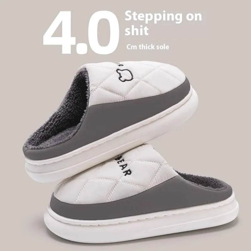 Rhombic Sewing Plush Slippers For Men Winter Warm Non-slip House Shoes Women's Bedroom Floor Home Slipper Couple - Velora