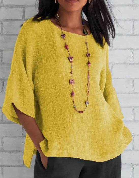 Women Fashion Casual blouse top 3/4 Sleeve Round Neck Blouses Summer Loose linen Tops Streetwear - Velora