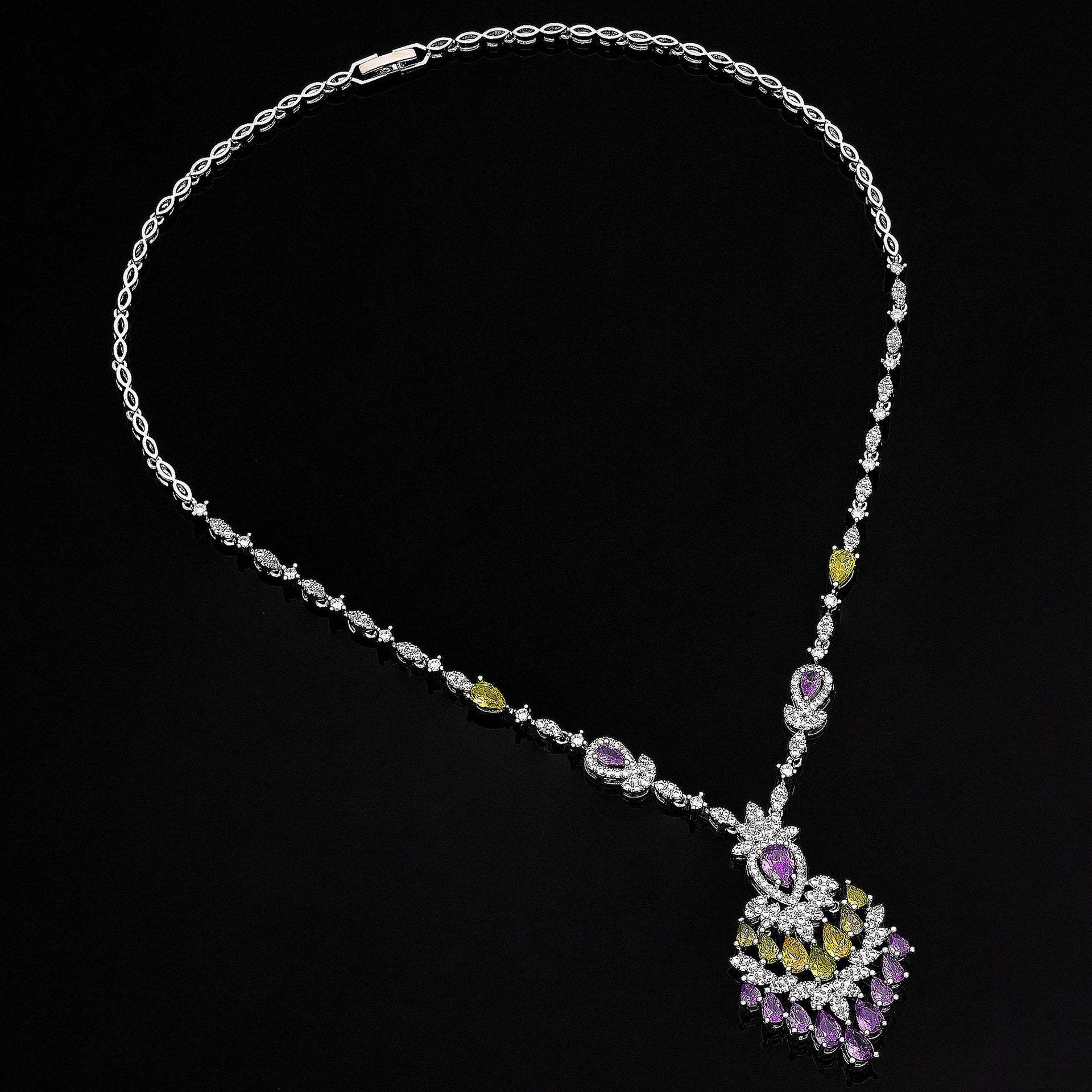 Color Zirconium Necklace Earrings 4-piece Set - Velora
