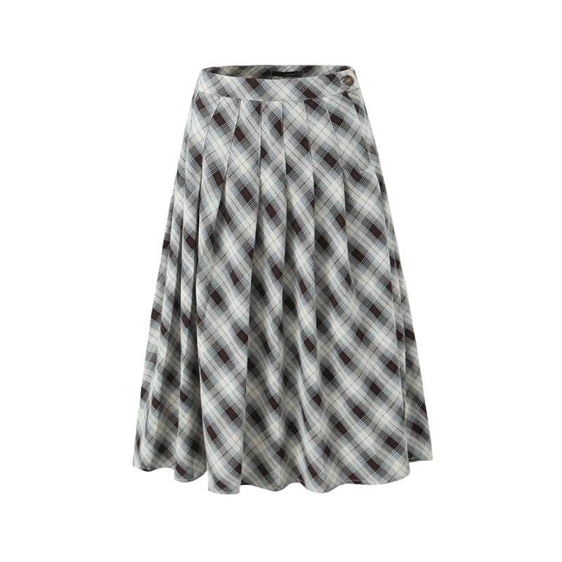 American Retro Low Waist Navel Plaid Pleated Long Skirt Women - Velora