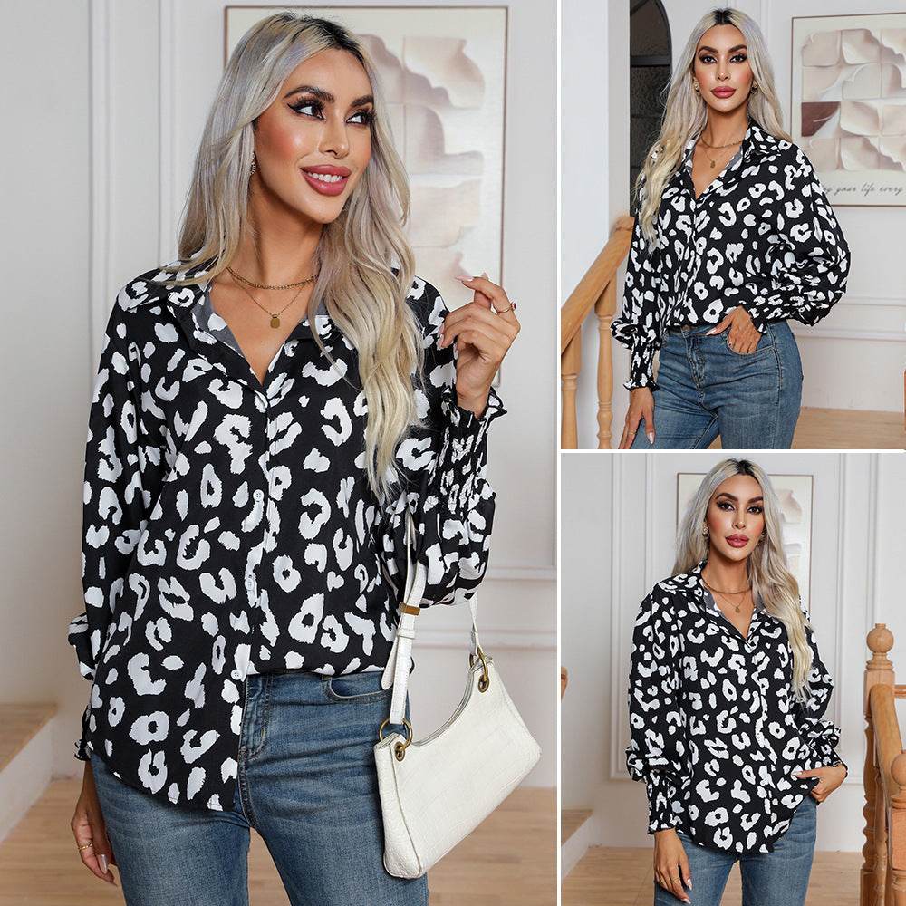 Leopard Print Lantern Sleeve Blouse Shirt top for Women - Velora