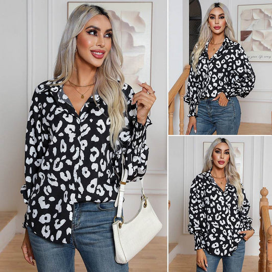 Leopard Print Lantern Sleeve Blouse Shirt top for Women - Velora