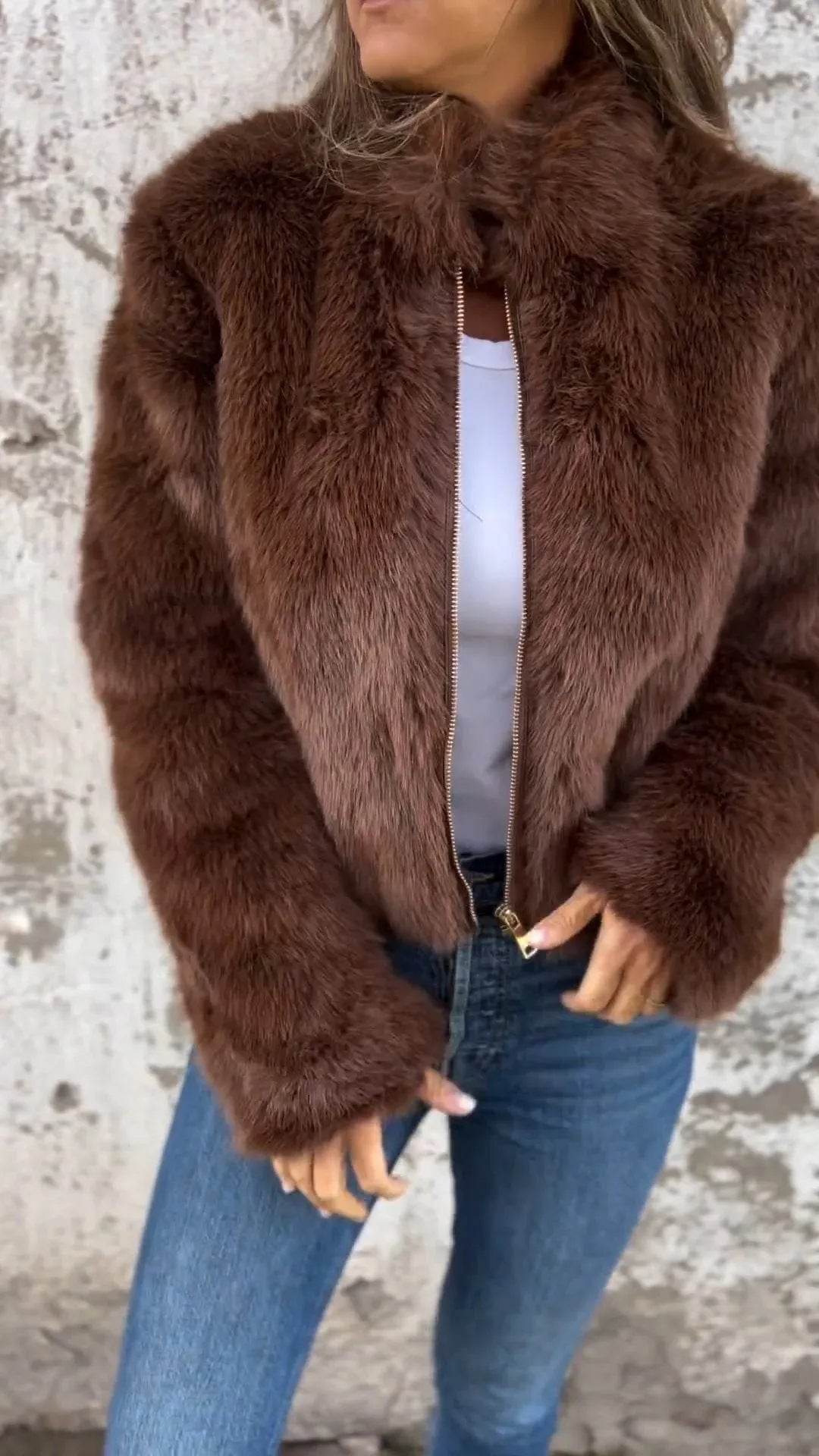 Fashion Stand Collar Plush Jacket Winter Casual Turtleneck Zipper Coat Fleece Tops Women's Clothing - Velora