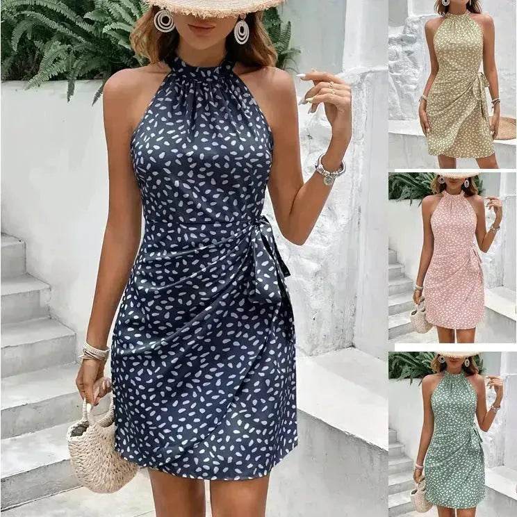 Casual Summer Halter neck Printed Dress With Tied Elegant Ladies High Neck Mini Dress. - Velora