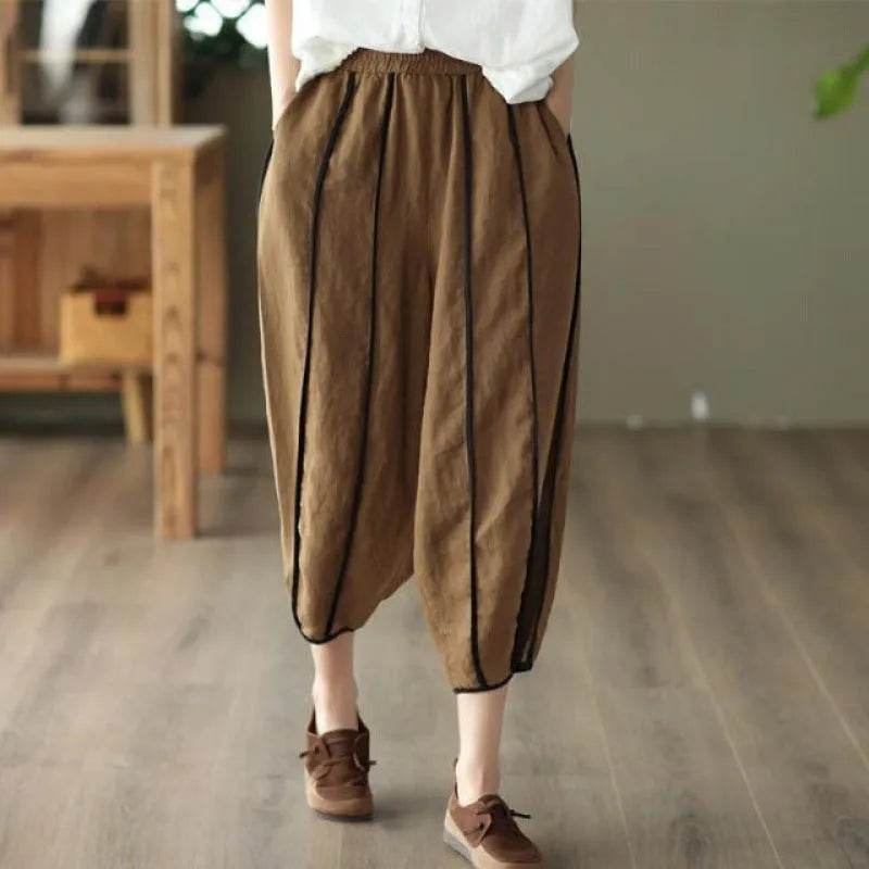 Summer Thin Striped Cotton And Linen Cropped trouser Pants For Women - Velora