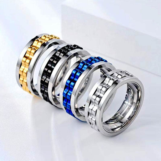 Titanium Spinner Square Texture Ring For Men High Polished Stainless Steel Gear Rotating Anxiety Fidget Rings Charm Jewelry - Velora