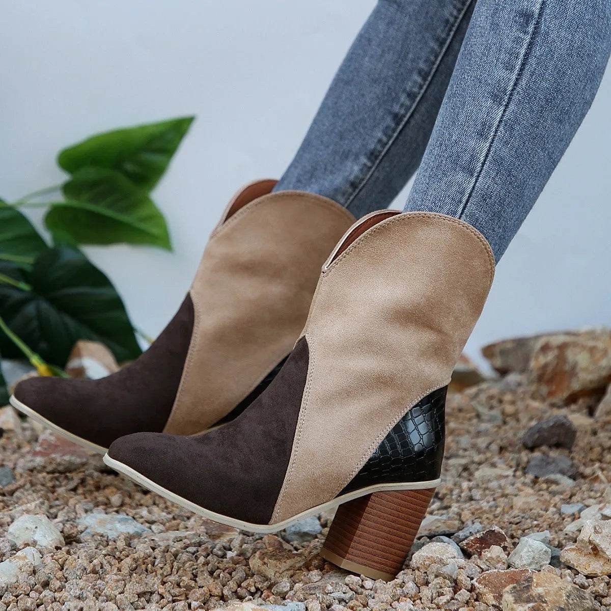 Fashion Splicing Suede Boots Retro Pointed-toe Square High Heel Mid-calf Boots For Women Fall And Winter Shoes - Velora