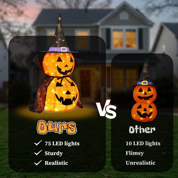 2Packs 3FT Halloween Collapsible Lighted Pumpkin Decoration, 176 LED Pop-Up Pumpkin Lamp With Cape, Plug In Halloween Jack-O-Lantern With Metal Stand For Indoor Outdoor Garden Patio Party Decor - Velora