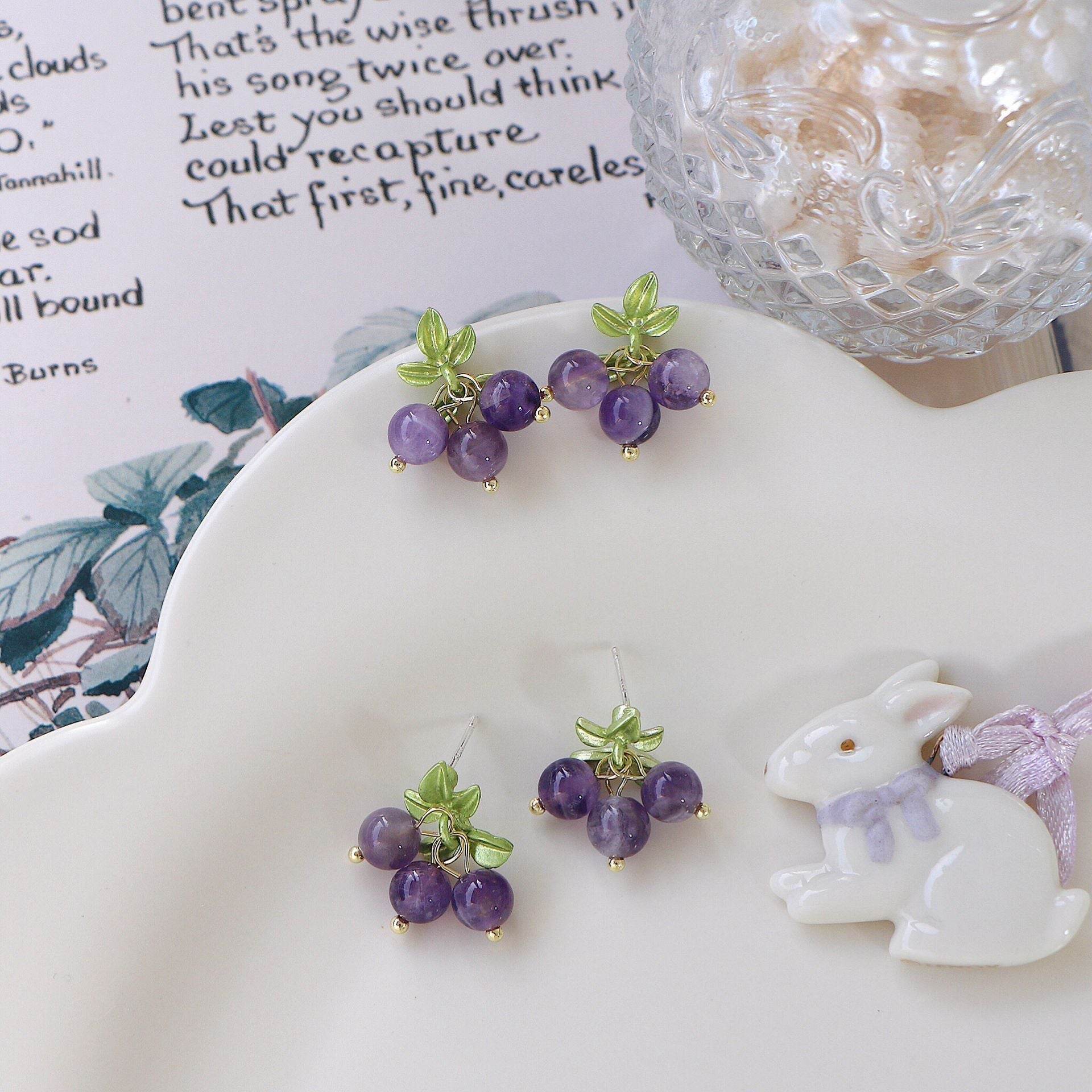 Female Purple Blueberry Fruit Beaded Earrings - Velora
