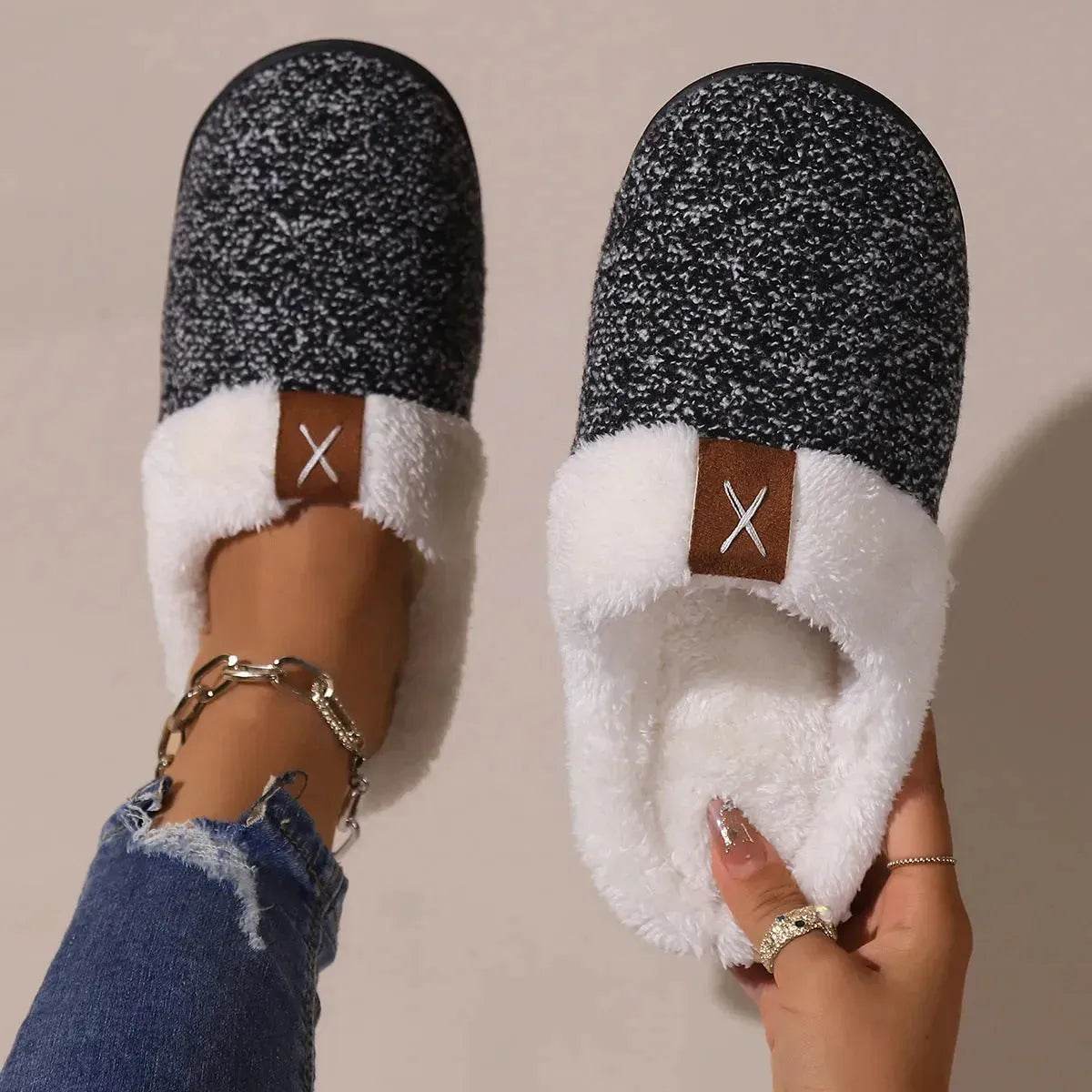 Winter Plush Slippers Fashion Thick Bottom Warm House Shoes For Women Men Indoor Bedroom Floor Slipper - Velora