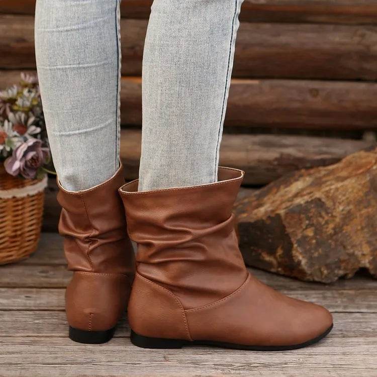 Fashion Round-toed Flat Boots Versatile Simple Slip-on Western Cowboy Boot Casual Short Shoes For Women - Velora