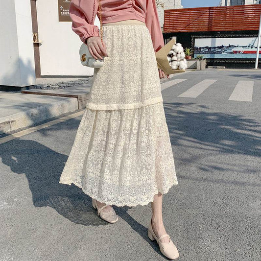 Spring Summer Women High waist Lace Midi Skirt - Velora