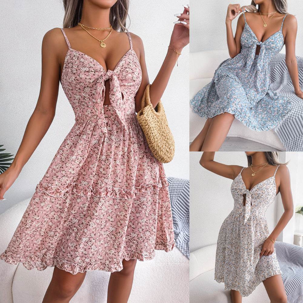 Spring And Summer Floral Bow V-neck Ruffled Large Swing Dress - Velora