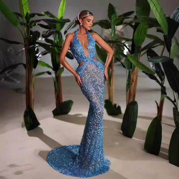 New Halter Deep V-neck Slim fit Sequined Evening Party Dress