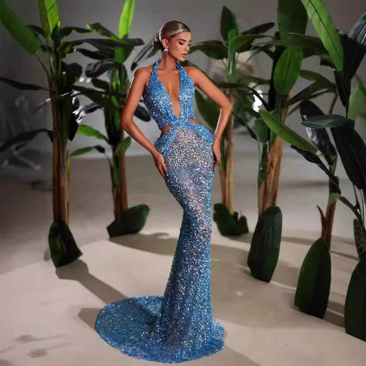 New Halter Deep V-neck Slim fit Sequined Evening Party Dress - Velora