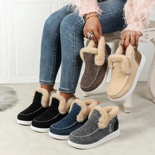 Plus Size Fleece-lined Thicker Raw Edge Warm Flat Bottom Plush Winter boot Shoes for women - Velora