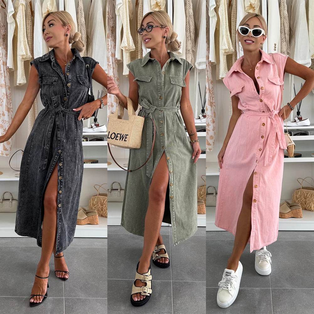 Elegant Lapel Single Breasted Button down Denim Midi Dress Tie belt Split Jeans Dress