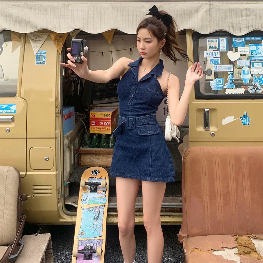 Mini Sleeveless Sheath Denim jeans halter neck Dress - Velora