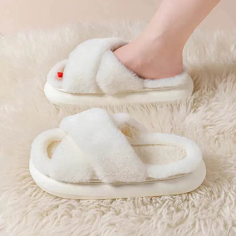 Women's Platform Fuzzy Home Slippers Winter Open Toe Criss-cross Solid Color Casual Floor Slides Indoor Flat Comfy House Shoes - Velora