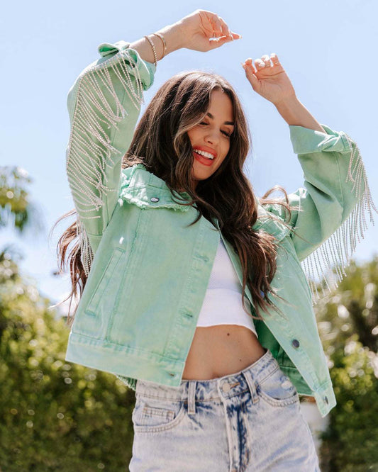 Denim Jacket Women – Light Green Cotton Long Sleeve Jacket - Velora