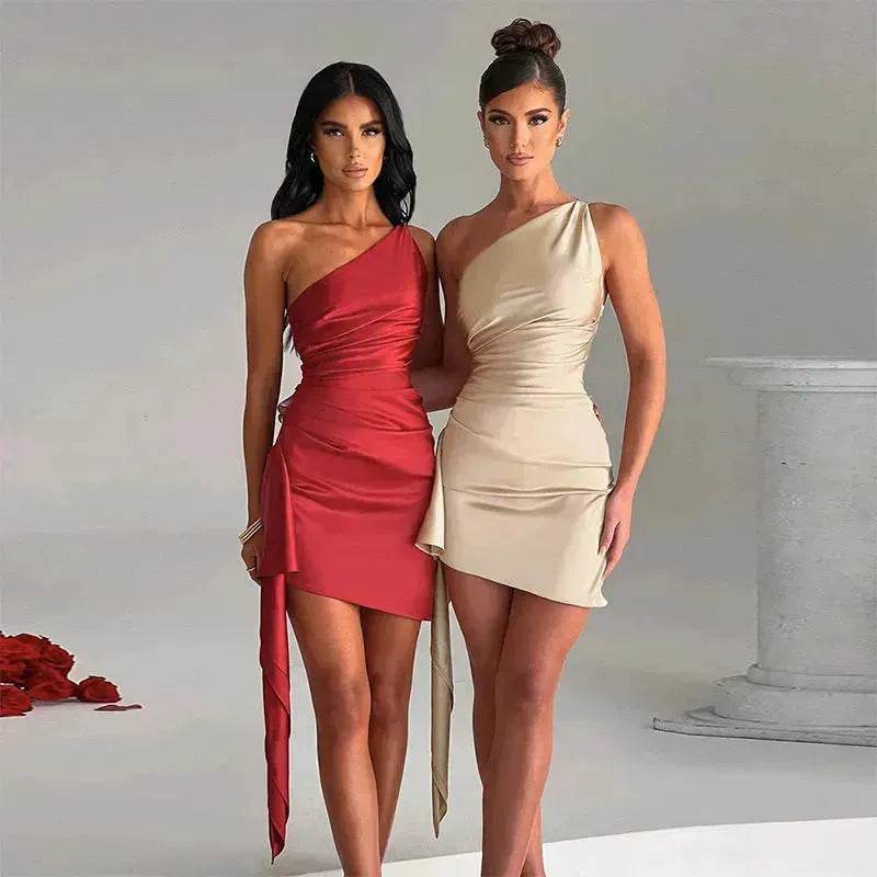 One-shoulder Sleeveless Mini Dress Charming Slim Backless Party Wedding Satin Dresses Womens Clothing - Velora