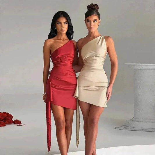 One-shoulder Sleeveless Mini Dress Charming Slim Backless Party Wedding Satin Dresses Womens Clothing - Velora