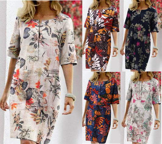 Vintage Dress Women Summer Floral Leaf Print Slit Round Neck Half Sleeve Dresses - Velora