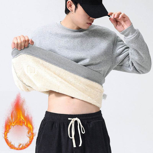 Winter Fleece Sweatshirt Warm Round Neck Pullover Top For Men Solid Color Sweater Boys Teenagers Clothing - Velora