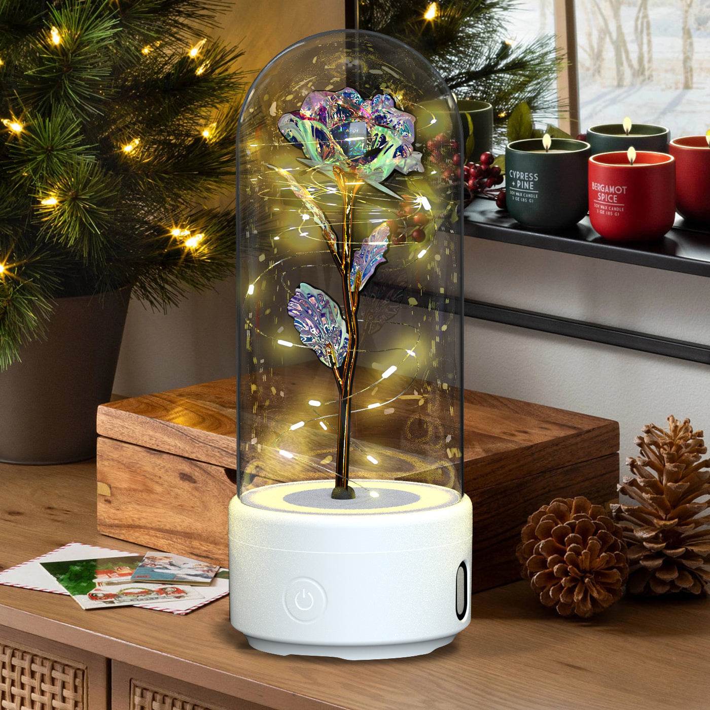 Creative 2 In 1 Rose Flowers LED Light And Bluetooth-compatible Speaker Valentine's Day Gift Rose Luminous Night Light Ornament In Glass Cover - Velora