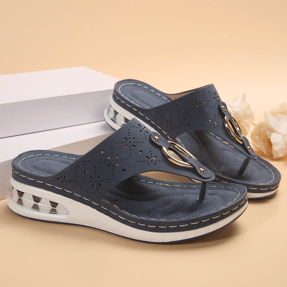 New Air Cushion Thong Sandals Summer Flip Flops Hollow Metal Buckle Wedges Shoes For Women Thick Sole Beach Shoes - Velora