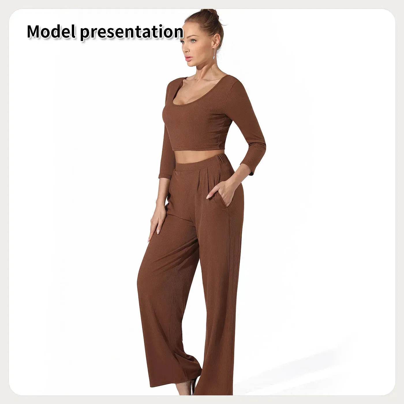 Women Fashion Casual Matching 2pcs set Long Sleeve Crop top and Pant set - Velora