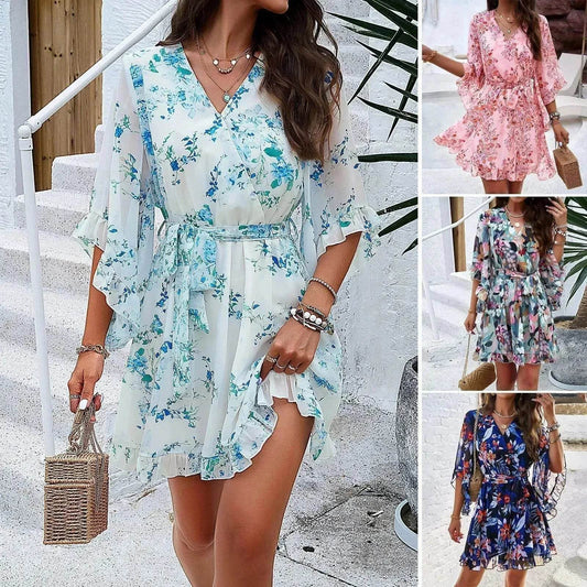 Casual Summer Chiffon Floral Print Short Sleeves Dress Lace Up Ruffles Design Fashion V-neck Short Mini Dresses Womens Clothing - Velora