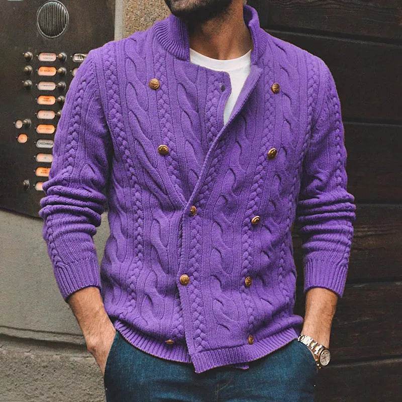 Men's Pure Color Half Collar Double-breasted Knitted Sweater Coat - Velora