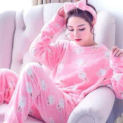 Women Coral Velvet Fleece Pajamas Fall Winter Loungewear Flannel Sleepwear - Velora