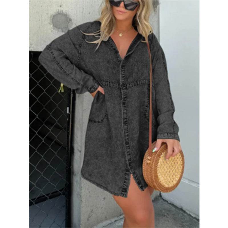 Women's Denim Washed Loose Shirt Dress - Velora