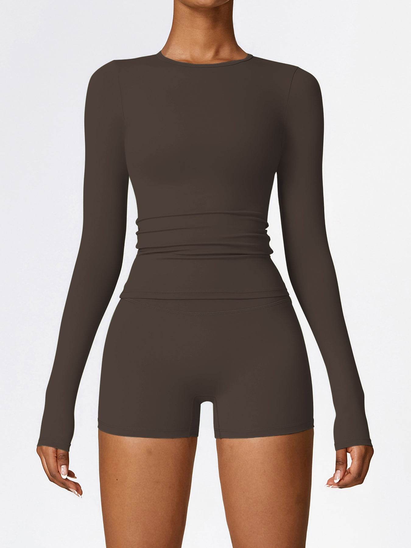 Women's Four Seasons Sports Suit, Women's Long Sleeve Round Neck Sports T-shirt And High Waist Tight Shorts Yoga Suit. - Velora